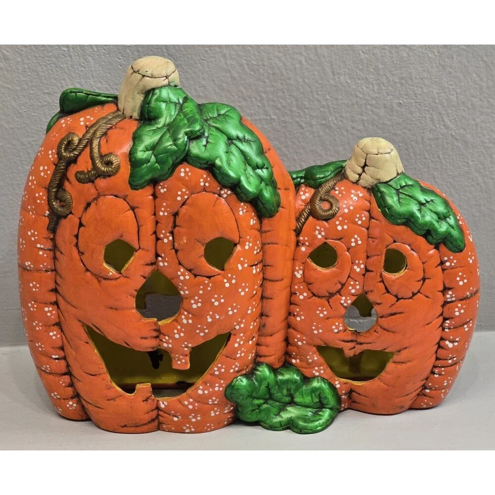 Vintage Ceramic Jack-O-Lantern Duo Halloween Pumpkin Decor 80s Hand Painted Prop